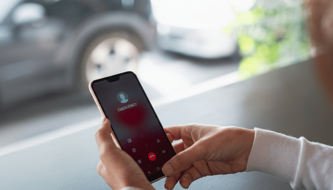 A person holding a smartphone displaying an EMERGENCY call screen, with a blurred background of a car and outdoor scenery.