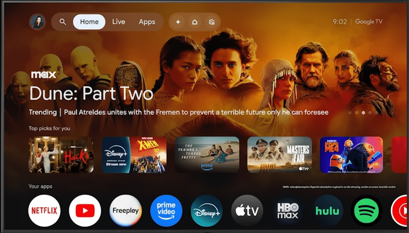 A smart TV displaying the Google TV interface with Dune: Part Two highlighted, showing various streaming app icons at the bottom.