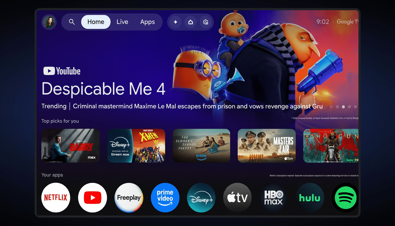 A smart TV interface displaying Despicable Me 4 as the main feature, with various streaming app icons and recommended shows below.