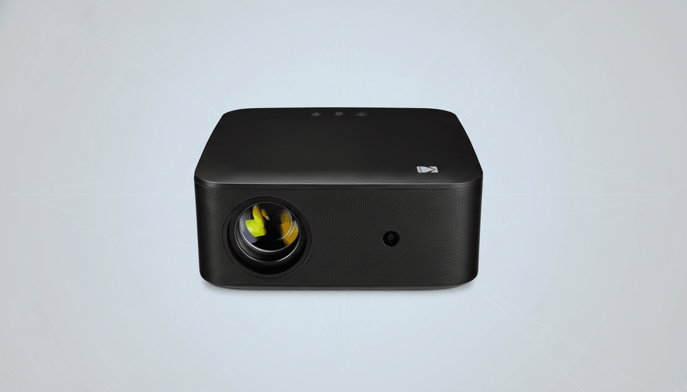 A black projector with a lens on the front, set against a professional light gray background with subtle geometric patterns.