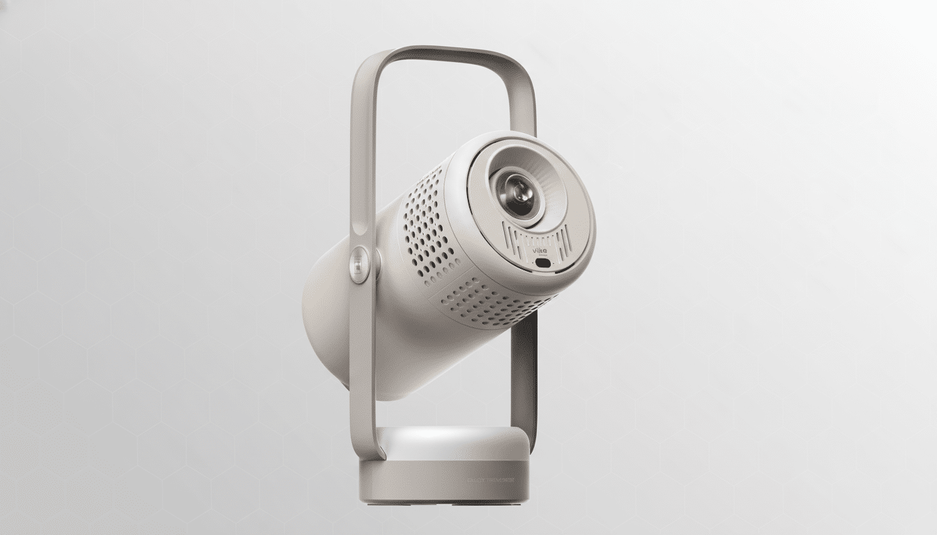 A beige portable projector with a handle, set against a professional light gray background with subtle geometric patterns.