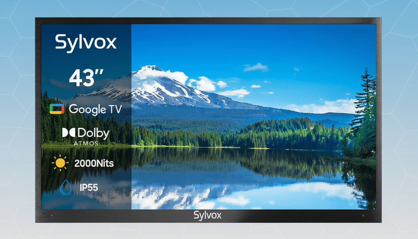 A Sylvox 43-inch television displaying a scenic landscape with a mountain and lake, set against a professional flat design background with soft blue patterns.