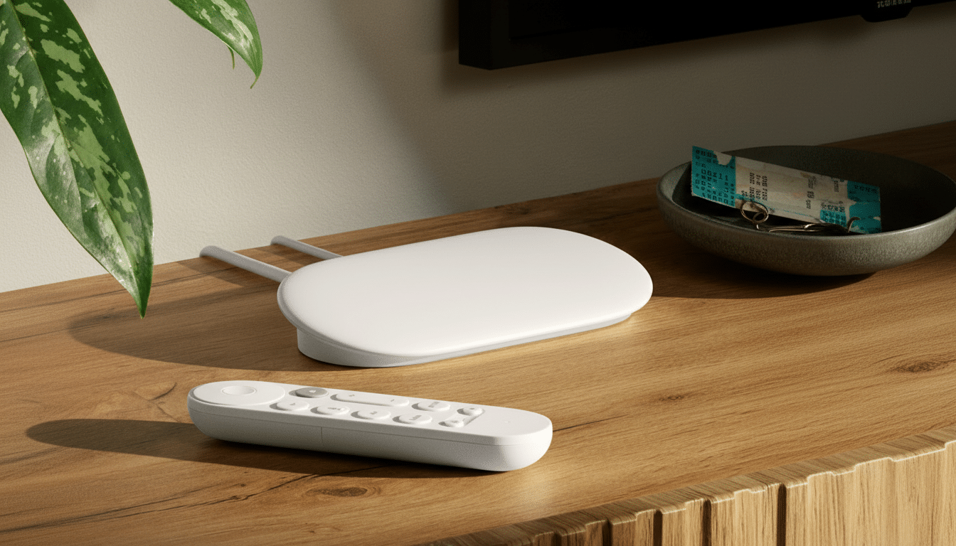A white oval-shaped device with two antennas and a white remote control on a wooden surface.