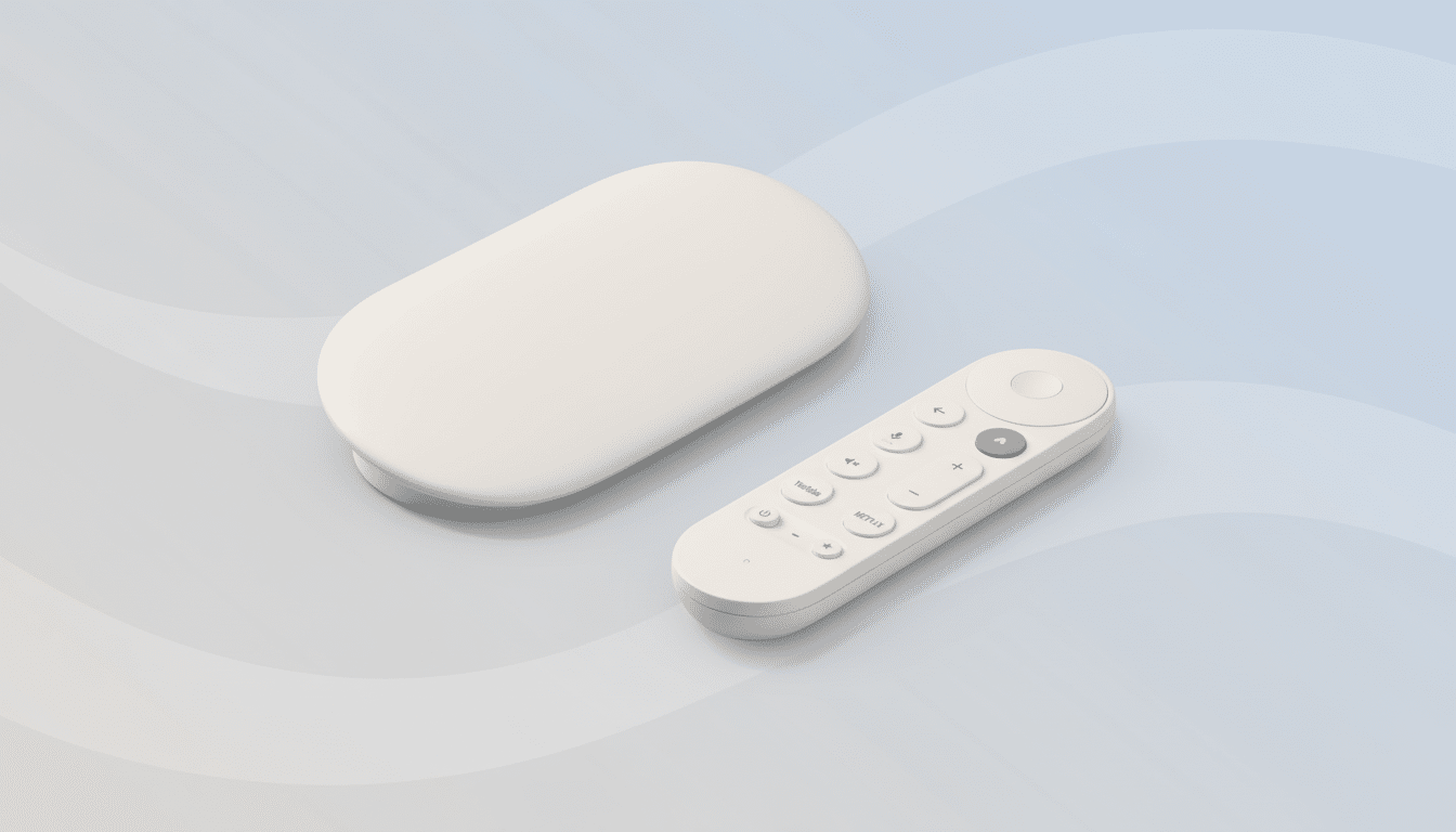 A white, oval-shaped streaming device and its matching remote control are displayed on a professional flat design background with soft blue and white gradients and subtle wave patterns.