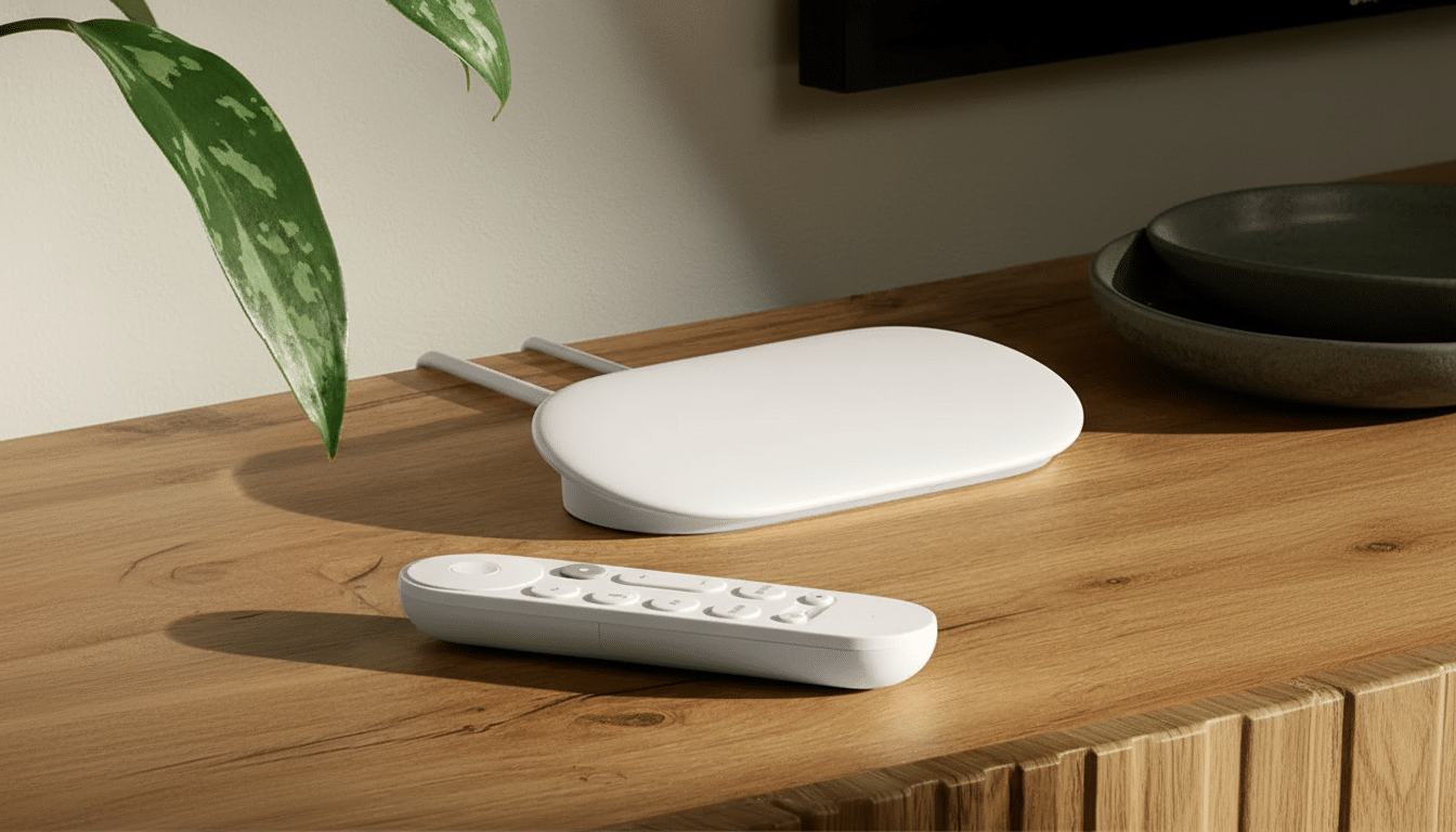 A white oval-shaped device with two antennas and a matching white remote control resting on a wooden surface.