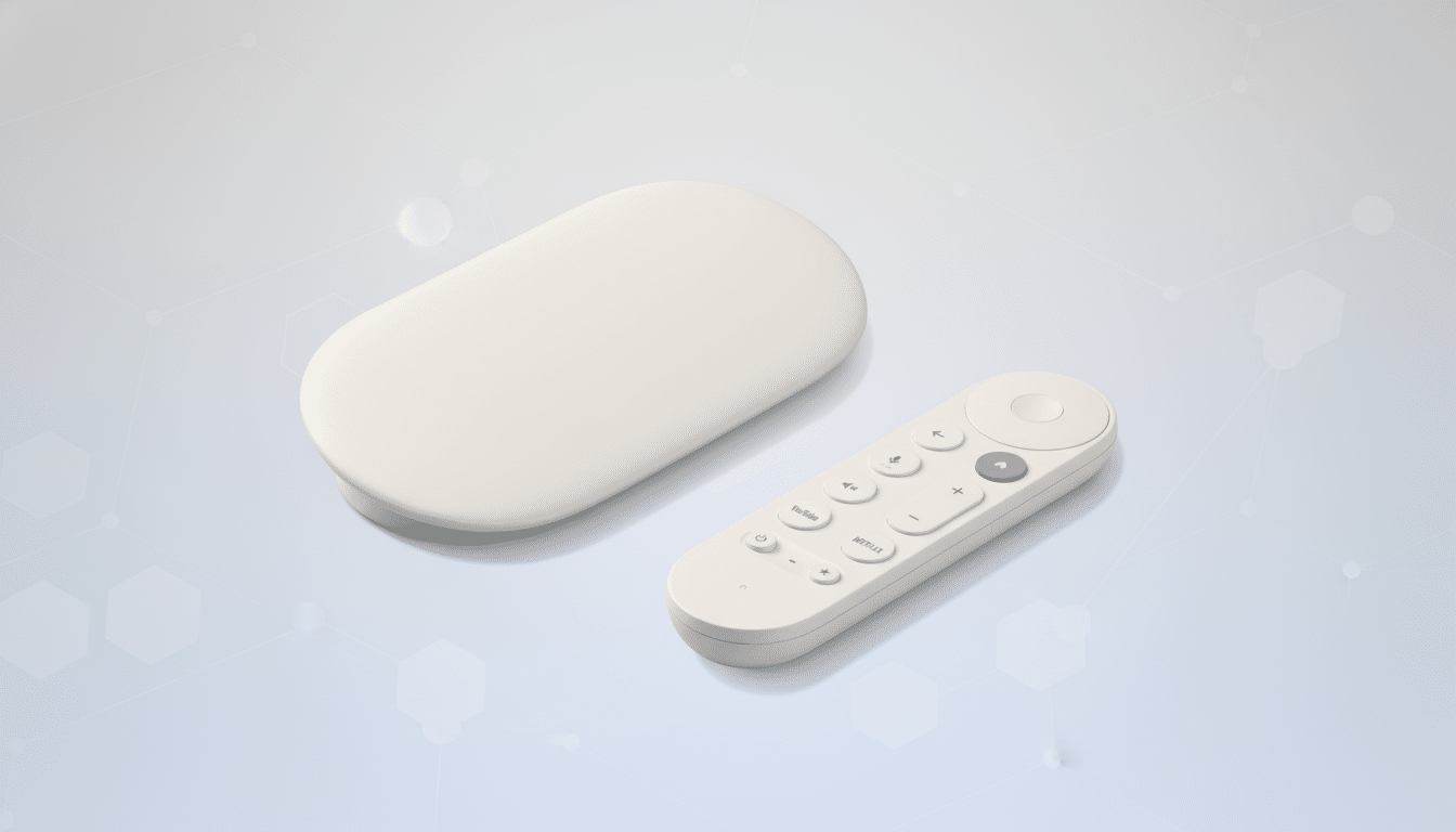A white, oval-shaped streaming device and its matching remote control are displayed on a light blue background with subtle geometric patterns.