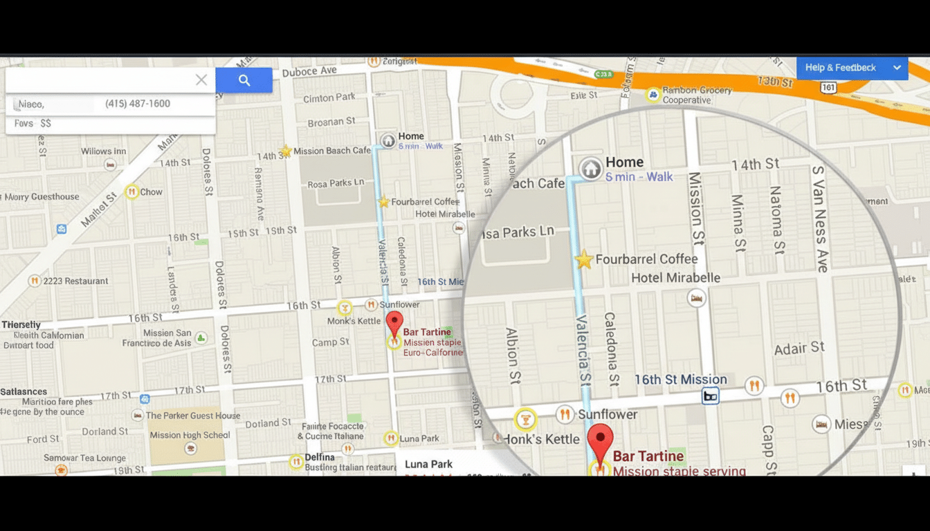 A map showing directions to Bar Tartine, a Mission staple serving Euro-Californian cuisine, with a search bar at the top left.