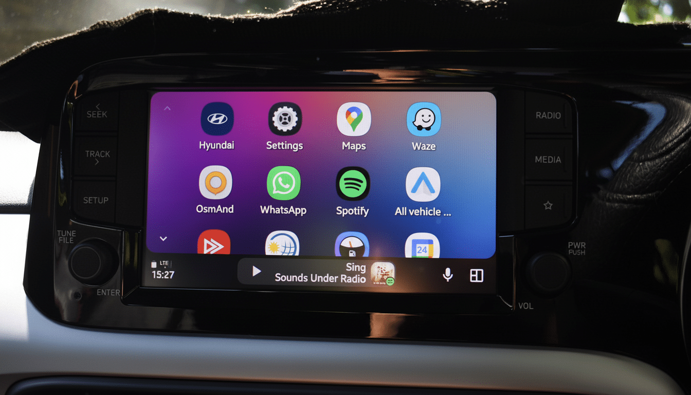 A cars infotainment system displaying various app icons, including Hyundai, Settings, Maps, Waze, OsmAnd, WhatsApp, Spotify, and other vehicle-related applications, with a music player interface at the bottom showing Sounds Under Radio.