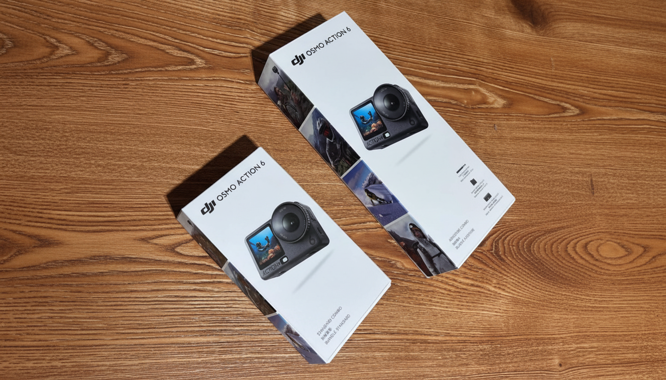 Two DJI Osmo Action 6 camera boxes, one labeled Adventure Combo and the other Standard Combo, are displayed on a wooden surface.