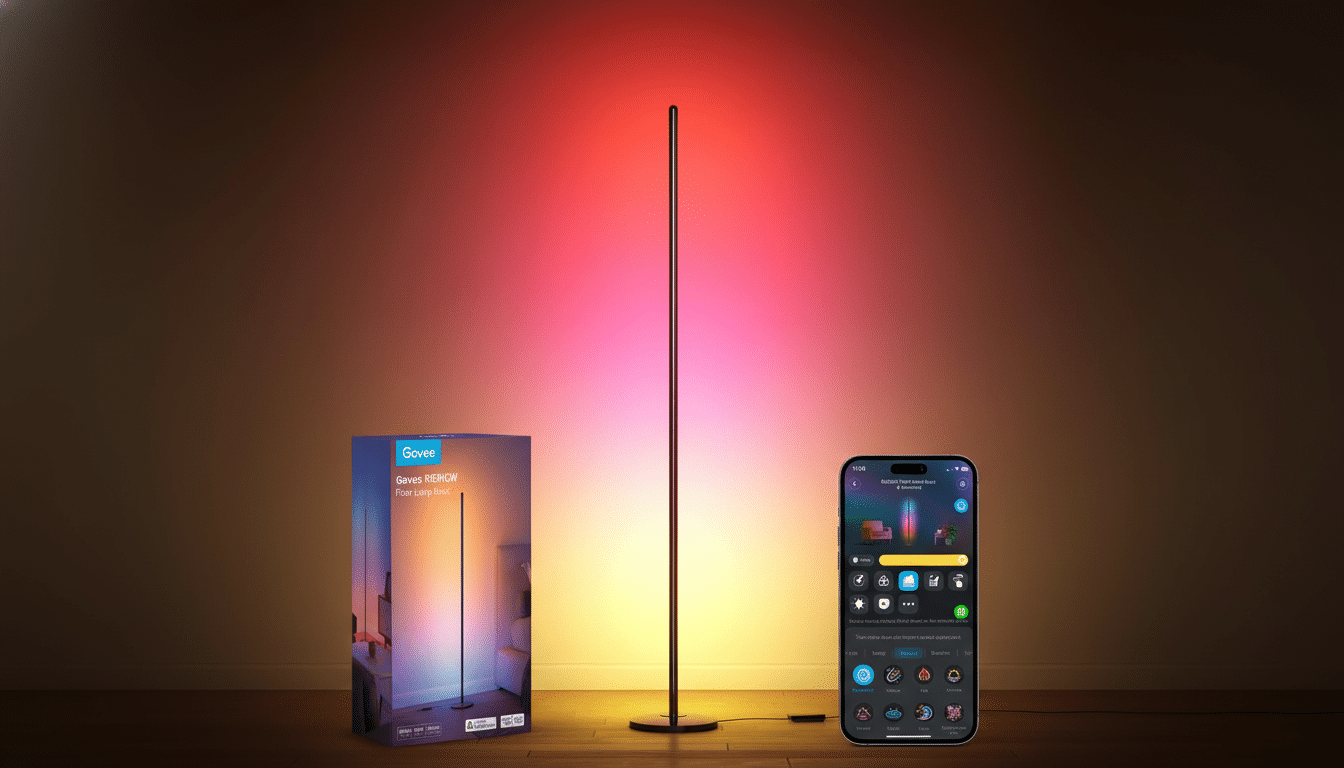 A Govee RGBICW Floor Lamp Basic, its packaging, and a smartphone displaying its control app, all set against a gradient background of red, pink, and yellow light.