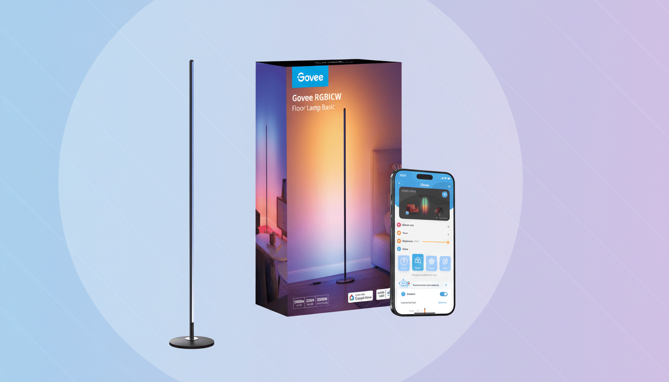 A Govee RGBICW Floor Lamp Basic, its product box, and a smartphone displaying the Govee app interface, all set against a professional flat design background with soft blue and purple gradients.