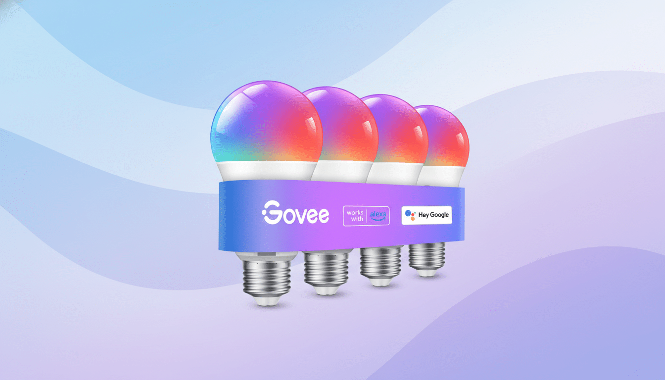 Four Govee smart light bulbs, each glowing with a gradient of purple, blue, and red, are arranged in a row. They are connected by a blue band featuring the Govee logo and works with Alexa and Hey Google badges. The background is a soft, professional gradient with subtle wave patterns in shades of blue and purple.