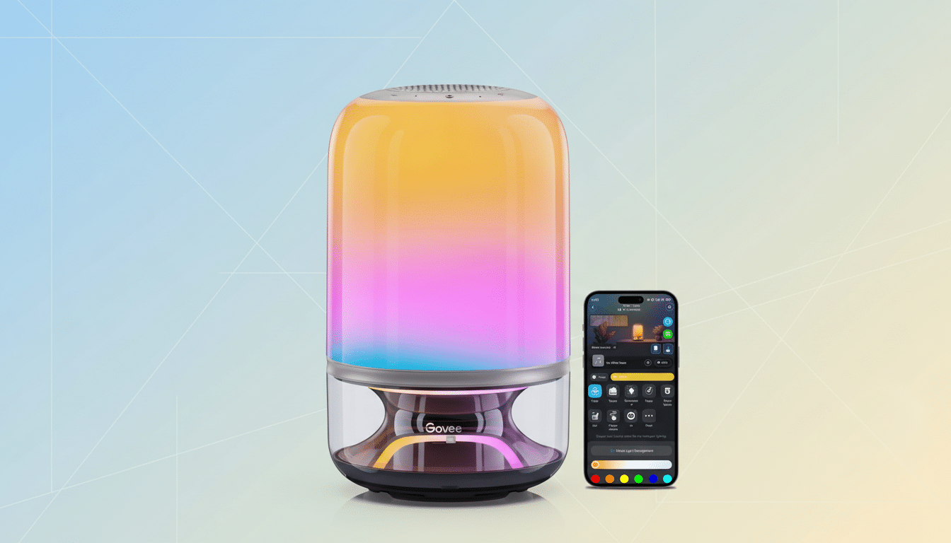 A Govee smart lamp displaying a colorful gradient, next to a smartphone showing the lamps control app, all set against a professional flat design background with soft patterns and gradients.