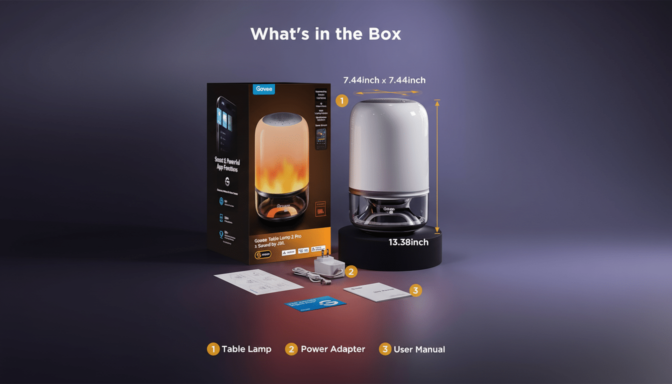 A Govee Table Lamp 2 Pro and its accessories, including a power adapter and user manual, are displayed on a dark background with product dimensions.