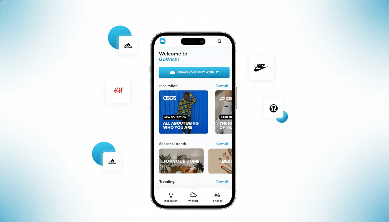 A smartphone displaying the GoWish app interface, surrounded by floating brand logos like Adidas, H&M, Nike, and Lululemon, set against a professional flat design background with soft blue gradients.