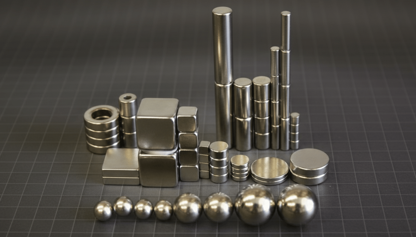 A collection of various shapes and sizes of silver-colored magnets, including spheres, cylinders, and cubes, arranged on a dark gray grid surface.