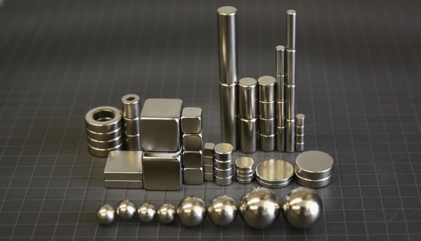 A collection of various shapes and sizes of silver-colored magnets, including spheres, cylinders, and cubes, arranged on a dark gray grid surface.