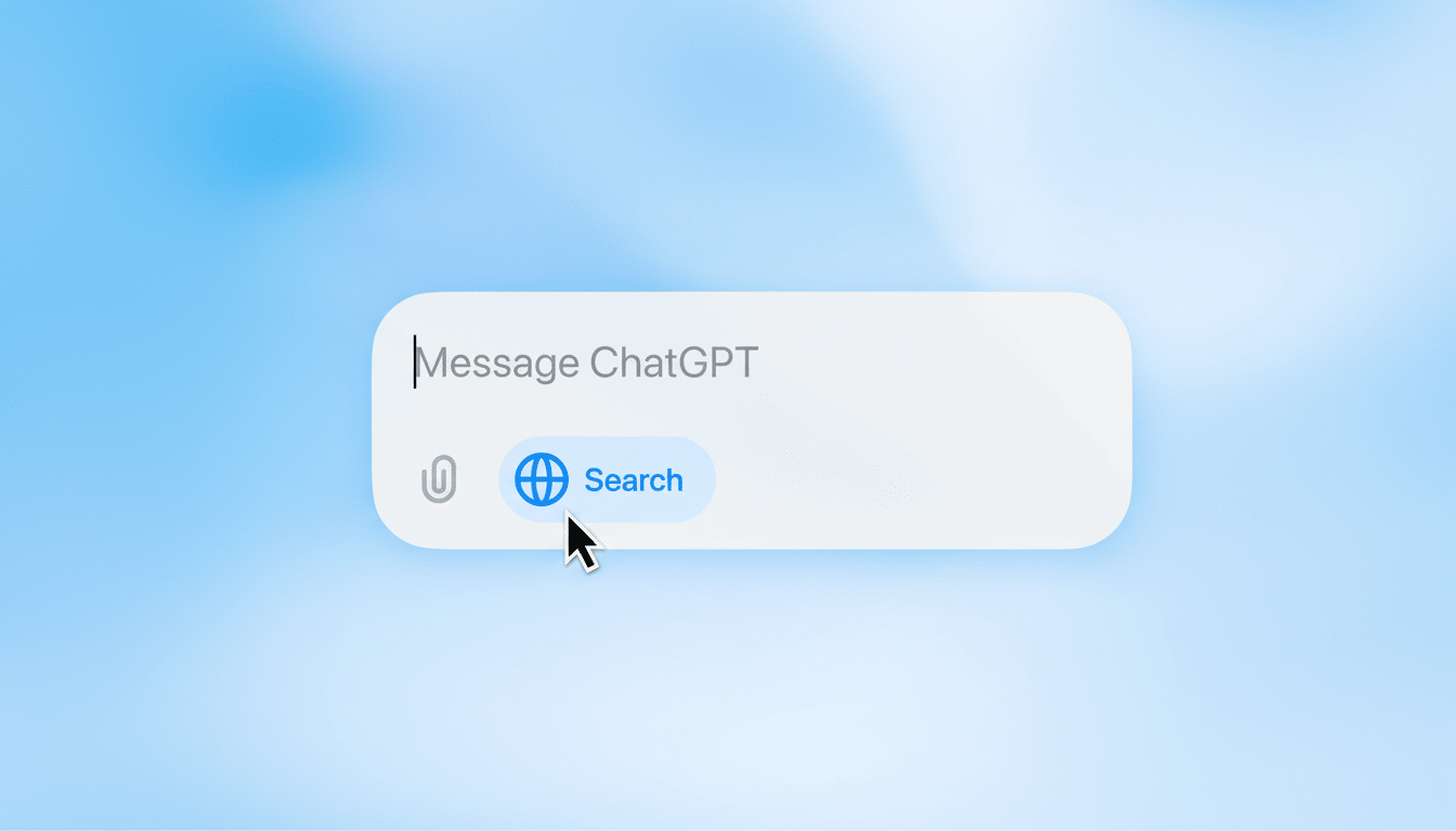 A close-up of a message bar with Message ChatGPT typed in, and a cursor pointing to a Search button with a globe icon, set against a soft blue background.