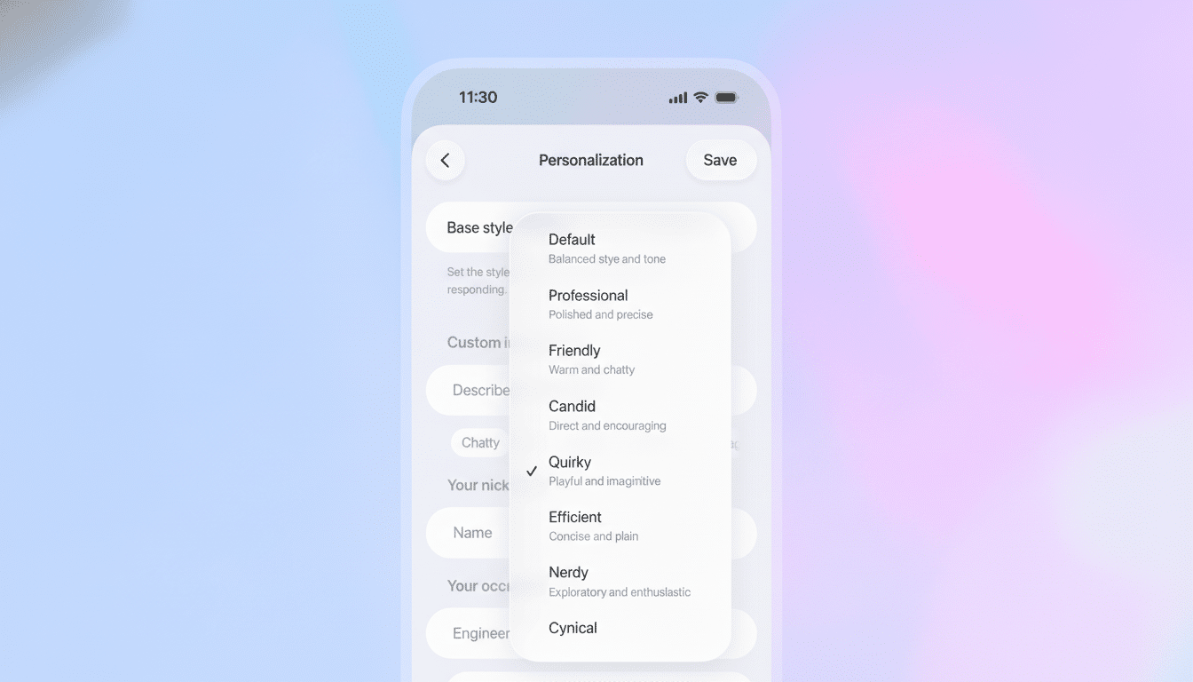 A mobile phone screen displaying a Personalization menu with options for Base style and Custom input. The Base style dropdown is open, showing various communication styles like Default, Professional, Friendly, Candid, Quirky, Efficient, Nerdy, and Cynical. Quirky is currently selected.