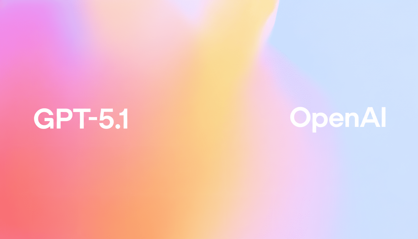 The text GPT-5.1 on the left and OpenAI on the right, both in white, against a soft, gradient background of pink, orange, and blue hues.