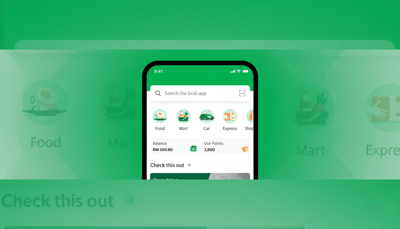 A smartphone displaying the Grab app interface, resized to a 16:9 aspect ratio with a professional flat design background featuring soft green gradients and patterns.
