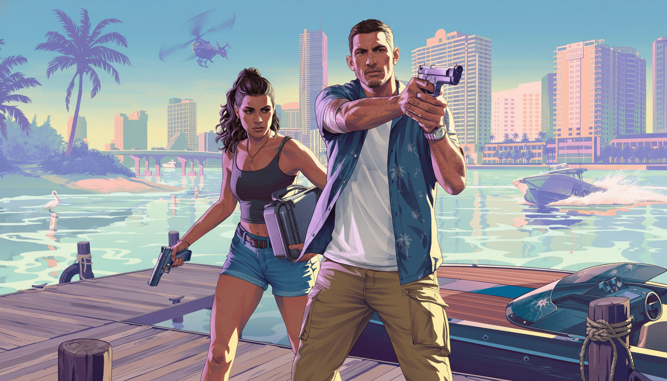 A man and a woman, both holding pistols, stand on a wooden dock with a city skyline and water in the background.
