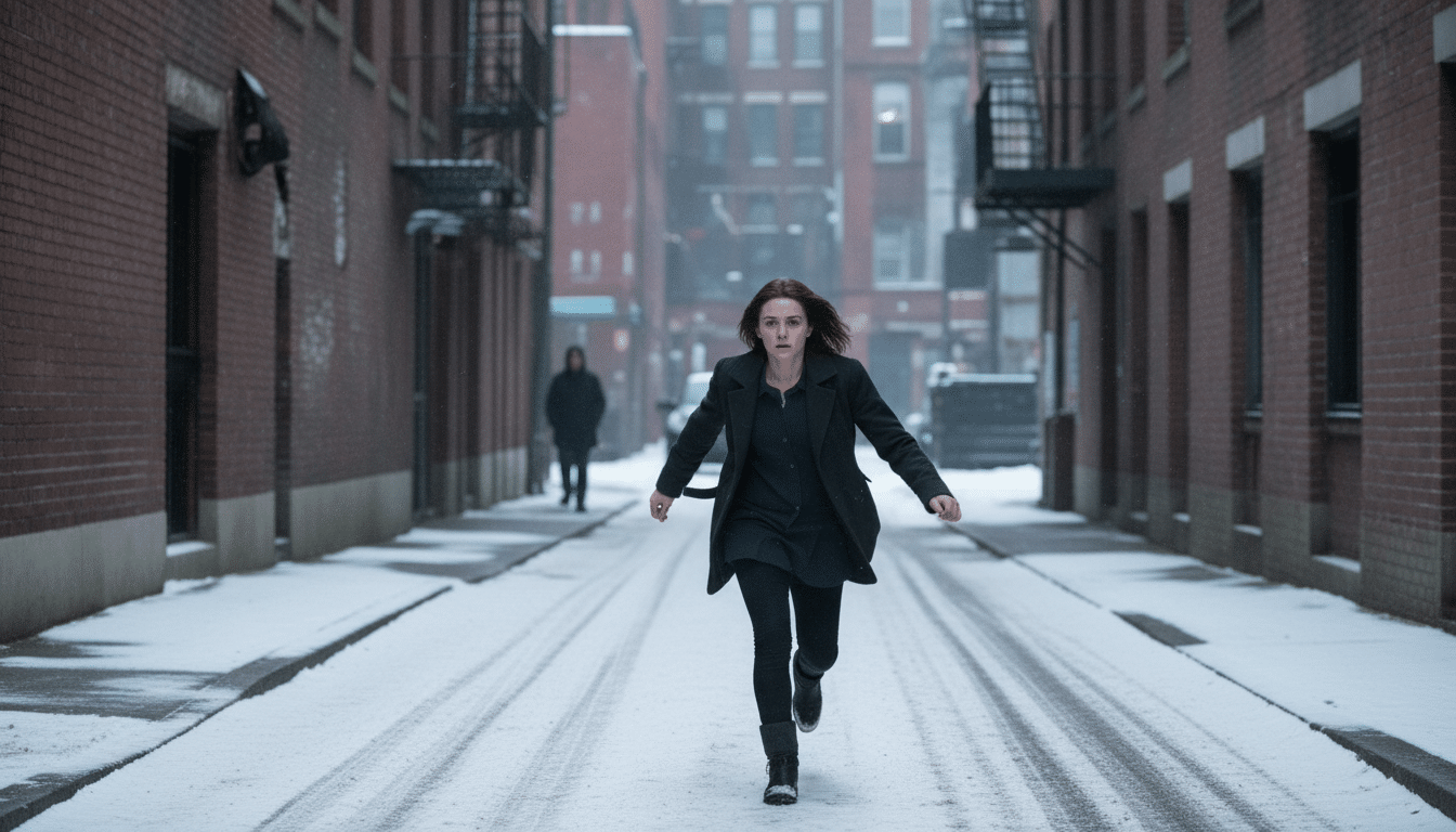 A woman running down a snowy street between brick buildings, with another person in the background.