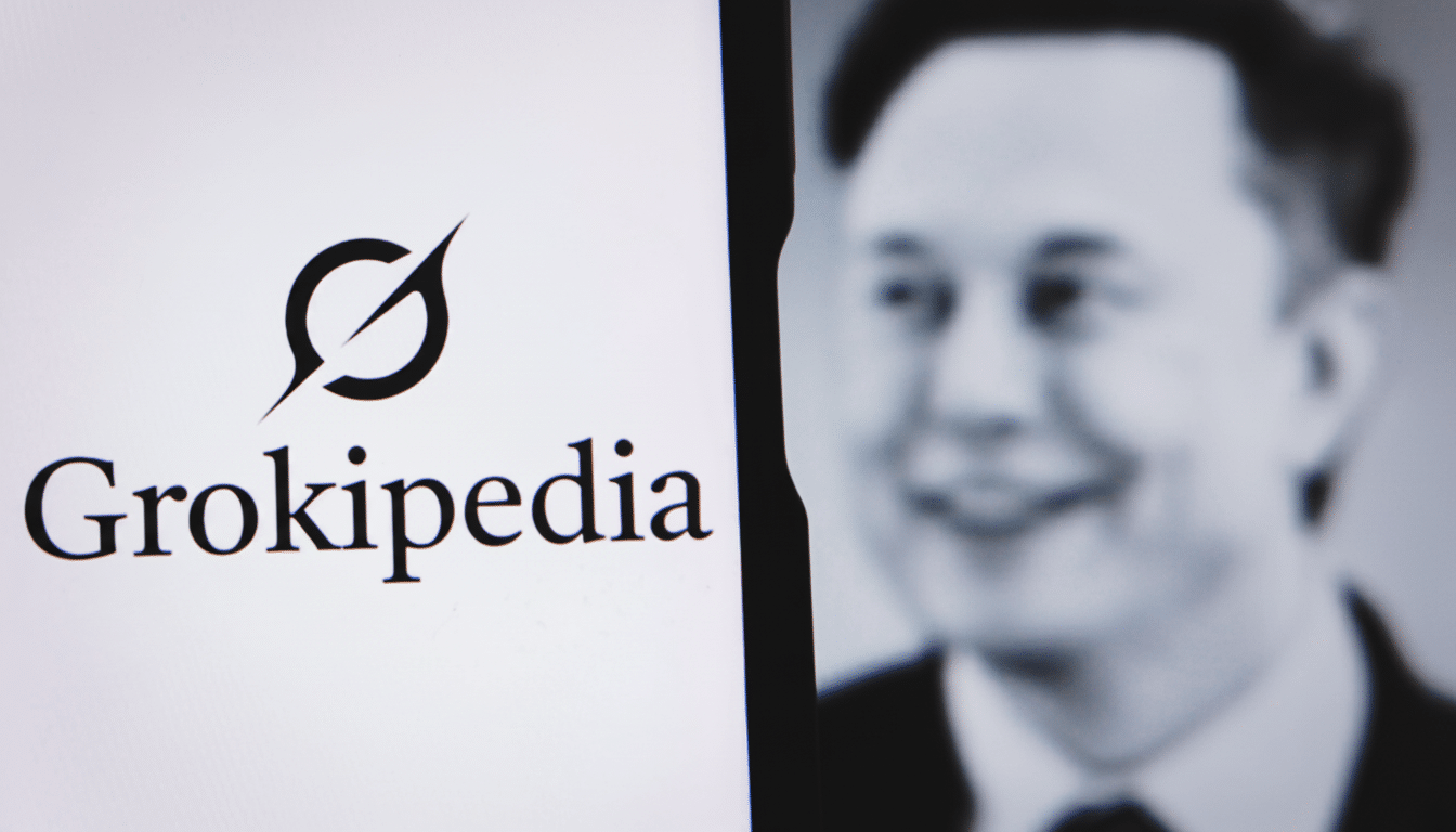 The Grokipedia logo on a screen next to a blurred image of Elon Musk.