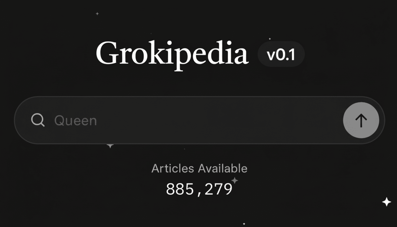 A screenshot of the Grokipedia app interface, showing a search bar with Queen typed in, and Articles Available 885,279 displayed below, all on a dark background with subtle star-like accents.