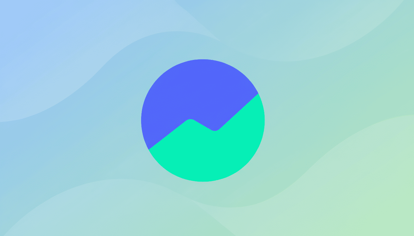 A circular logo with a blue top half and a teal bottom half, separated by a wavy line, set against a professional flat design background with soft blue and green gradients and subtle wave patterns.