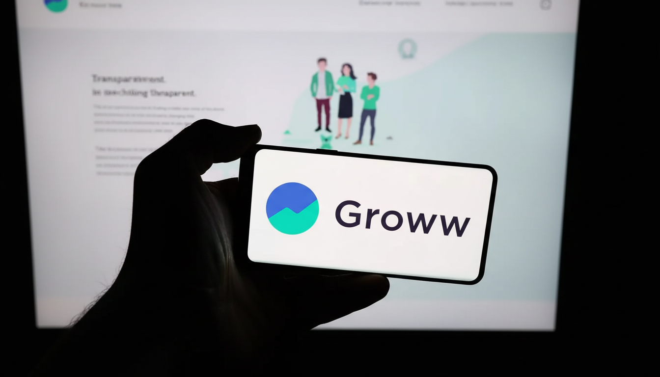 A hand holding a smartphone displaying the Groww logo and name, with a blurred background showing a computer screen with a website featuring three stylized human figures.