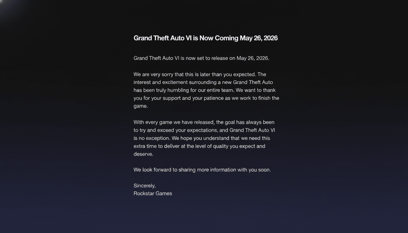 A professional, enhanced image of the Grand Theft Auto VI release date announcement, resized to a 16:9 aspect ratio. The original text is preserved, and the background has been subtly updated with a dark, professional gradient.