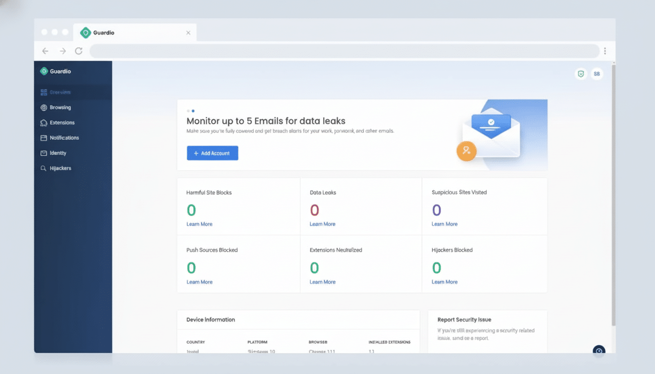 A screenshot of the Guardio dashboard, displaying security metrics such as harmful site blocks, data leaks, suspicious sites visited, push sources blocked, extensions neutralized, and hijackers blocked, all showing a count of zero. The dashboard also features a section to monitor up to 5 emails for data leaks and device information.
