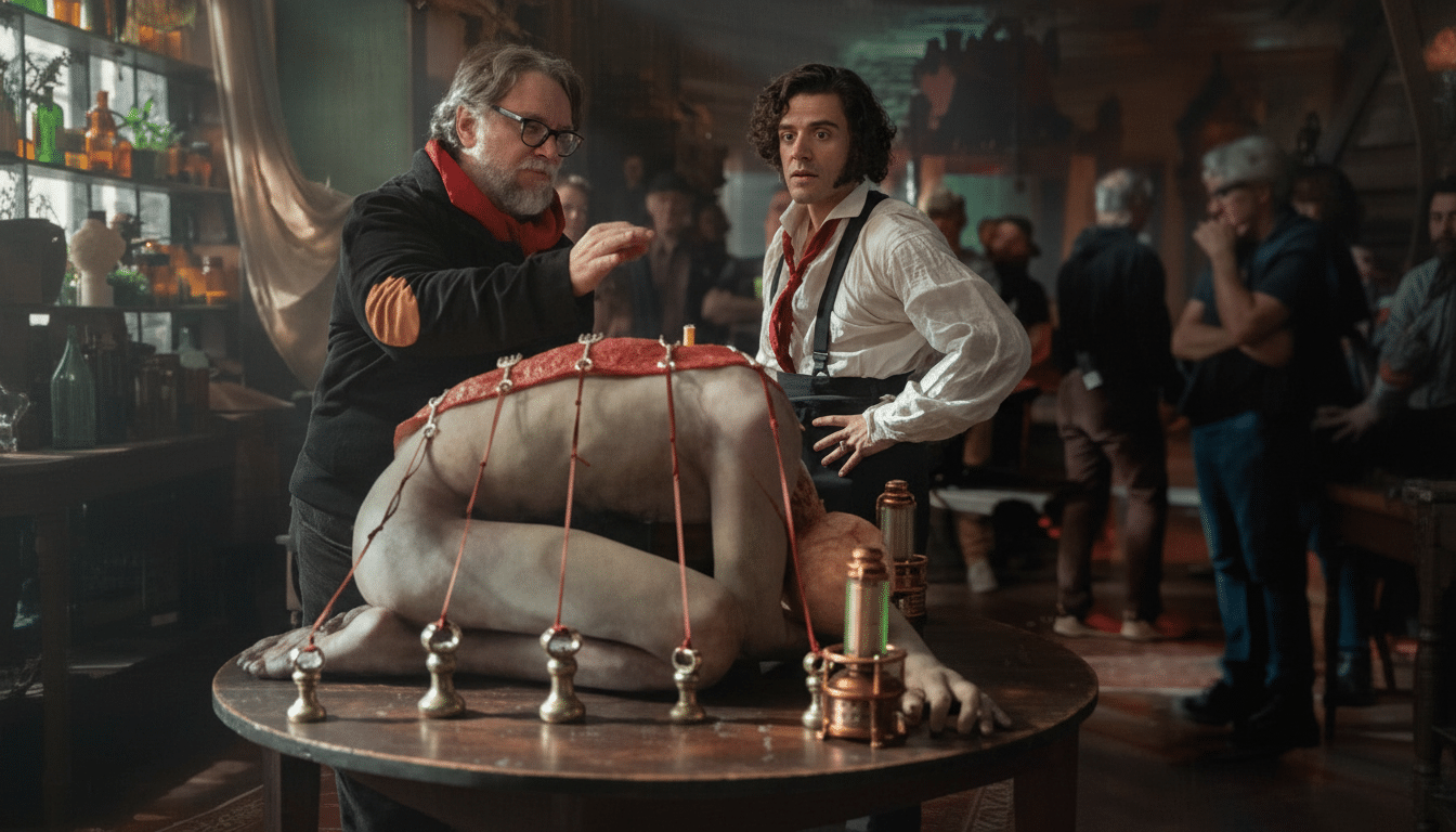 Guillermo del Toro and Oscar Isaac on the set of a film, with del Toro adjusting a prop of a human-like figure on a table.