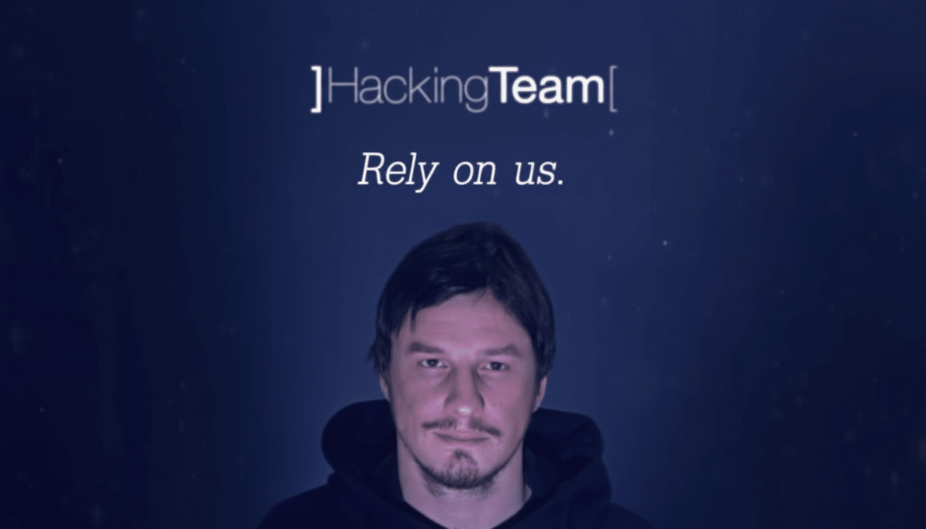 A man with dark hair and a beard looking directly at the viewer, with the text HackingTeam and Rely on us. above him on a dark blue background.