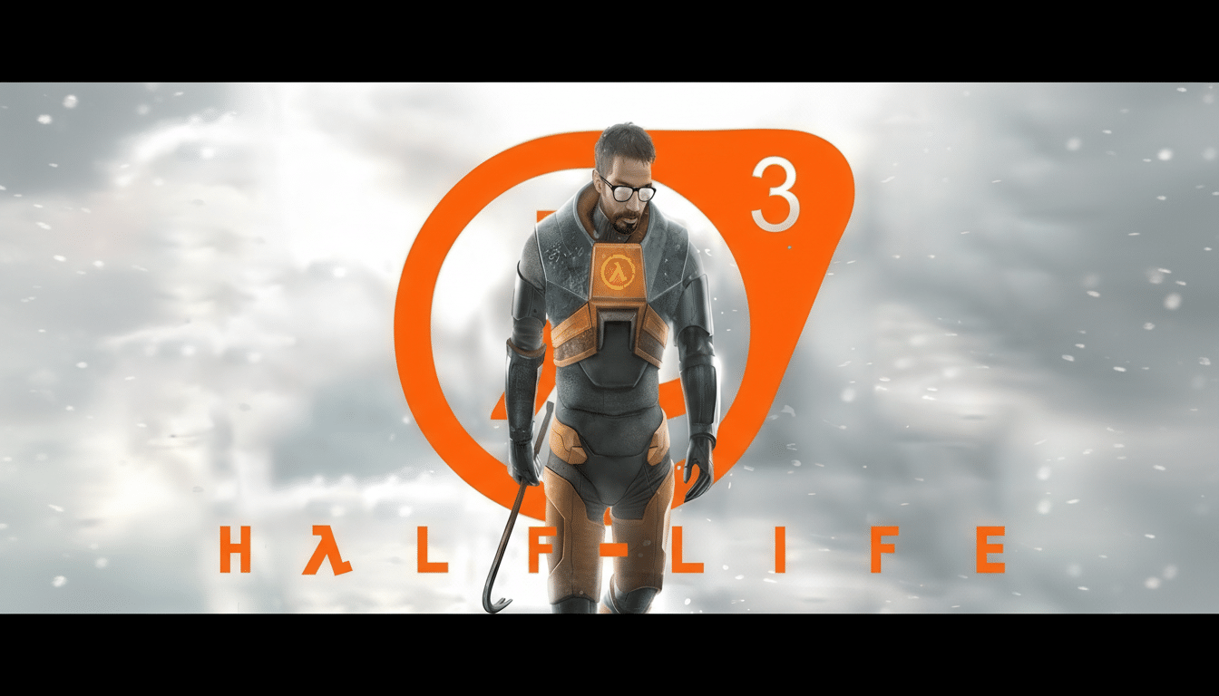 A 16:9 aspect ratio image of Gordon Freeman from Half-Life 3, standing in a snowy environment with the Half-Life logo and the number 3 behind him.