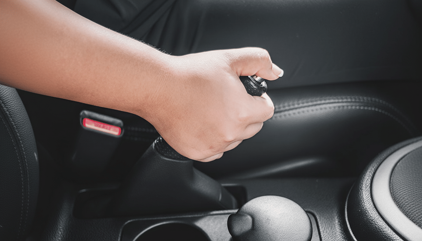 A persons hand engaging the handbrake in a car, with a seatbelt buckle visible in the background.