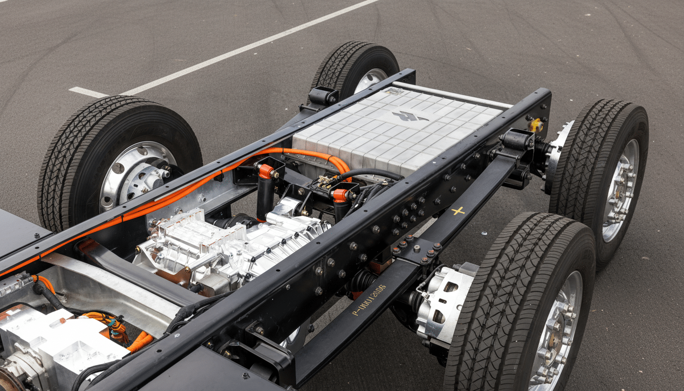 A professional, enhanced image of a vehicle chassis with an electric powertrain, resized to a 16:9 aspect ratio.