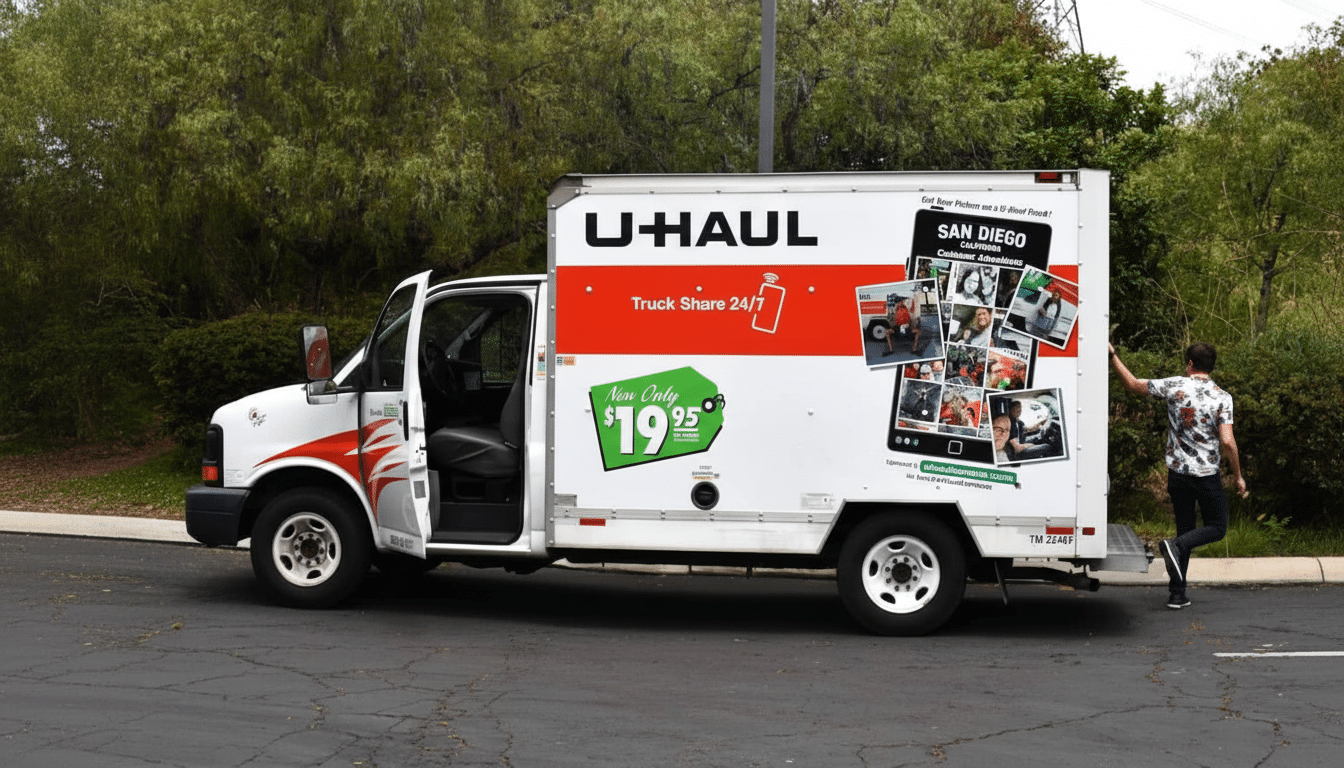 A U-Haul truck with its door open, parked on asphalt with trees in the background. A person is standing near the back of the truck.