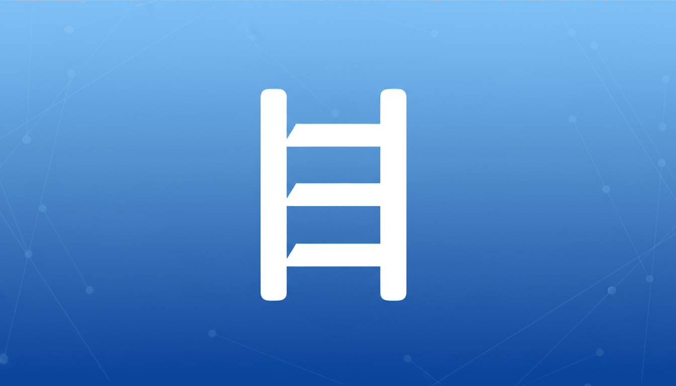 A white ladder icon on a blue gradient background with subtle geometric patterns.