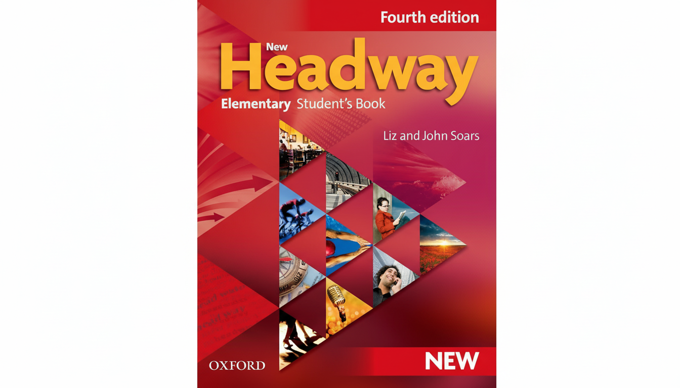 The cover of the New Headway Elementary Students Book, Fourth edition by Liz and John Soars, resized to a 16:9 aspect ratio with a white background.
