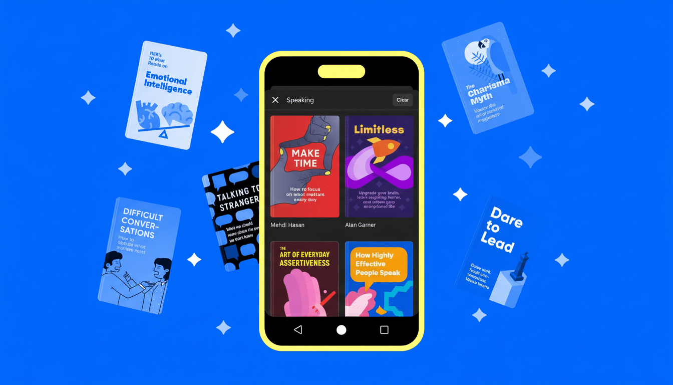 A mobile phone displaying a Speaking category with various book covers, surrounded by several other book covers on a blue background with white star accents.