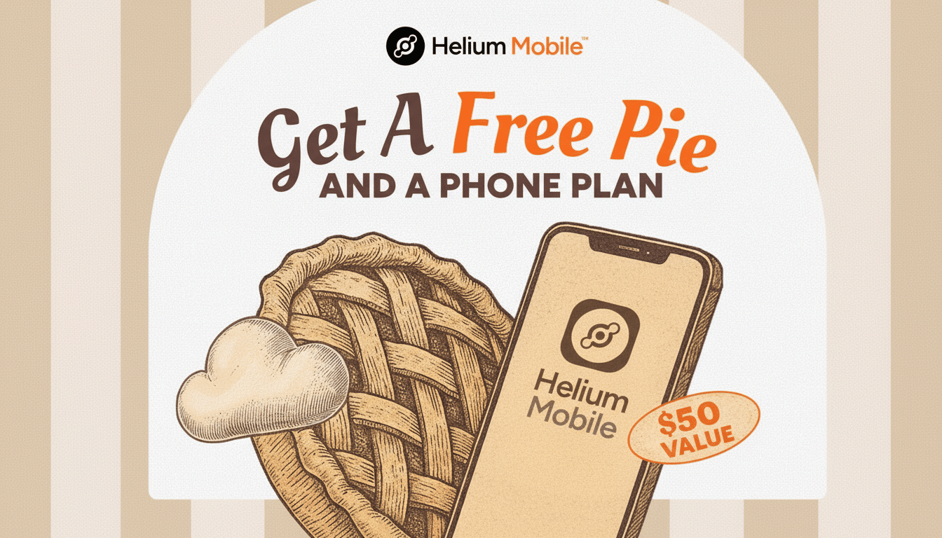 Helium Mobile new plans with free pie promo, smartphone displaying Helium Mobile logo
