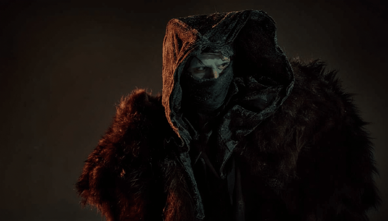 A person in a dark, hooded, fur-lined cloak with a face covering, looking intently to the right.