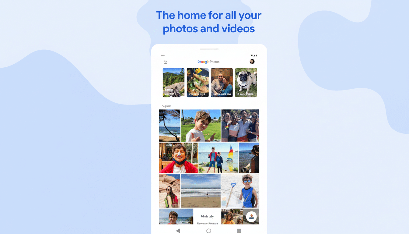 A screenshot of the Google Photos app interface, displaying various personal photos and videos, with the text The home for all your photos and videos at the top.