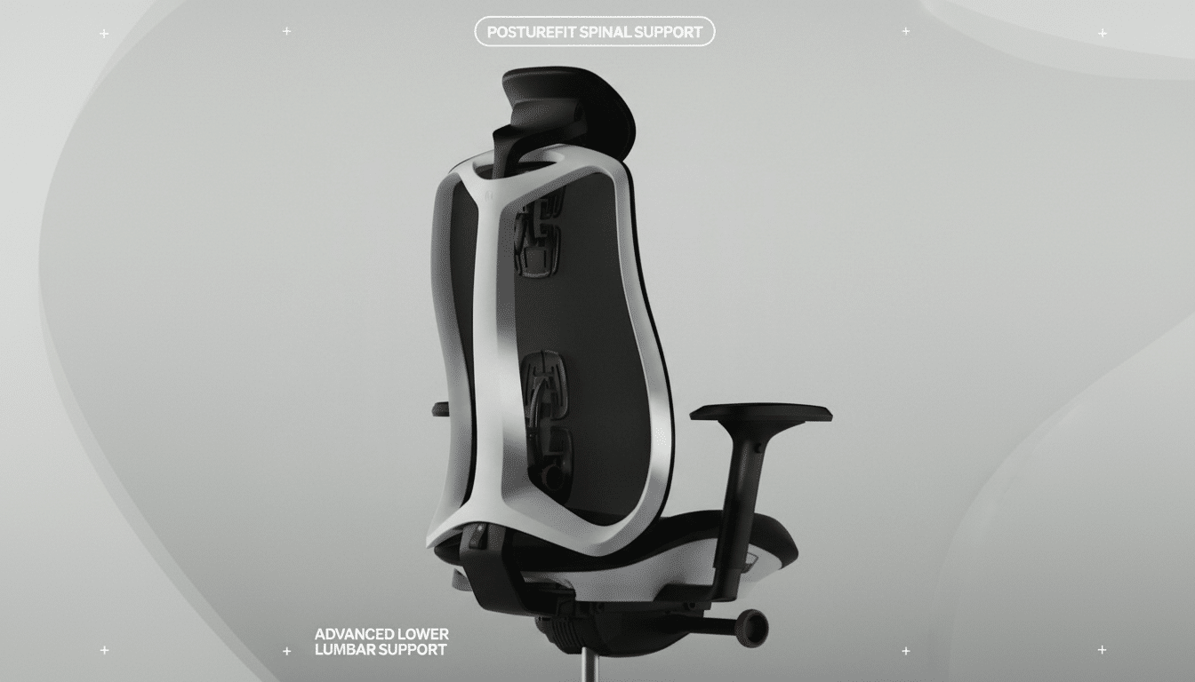 A professional image of a black and white ergonomic office chair with POSTUREFIT SPINAL SUPPORT and ADVANCED LOWER LUMBAR SUPPORT text, resized to a 16:9 aspect ratio with a clean, professional background.