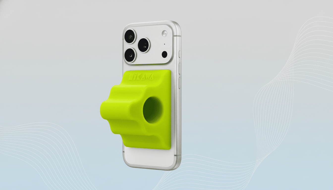 A silver iPhone with a bright green, ergonomic phone grip attached to its back, presented on a professional flat design background with soft, wavy patterns.
