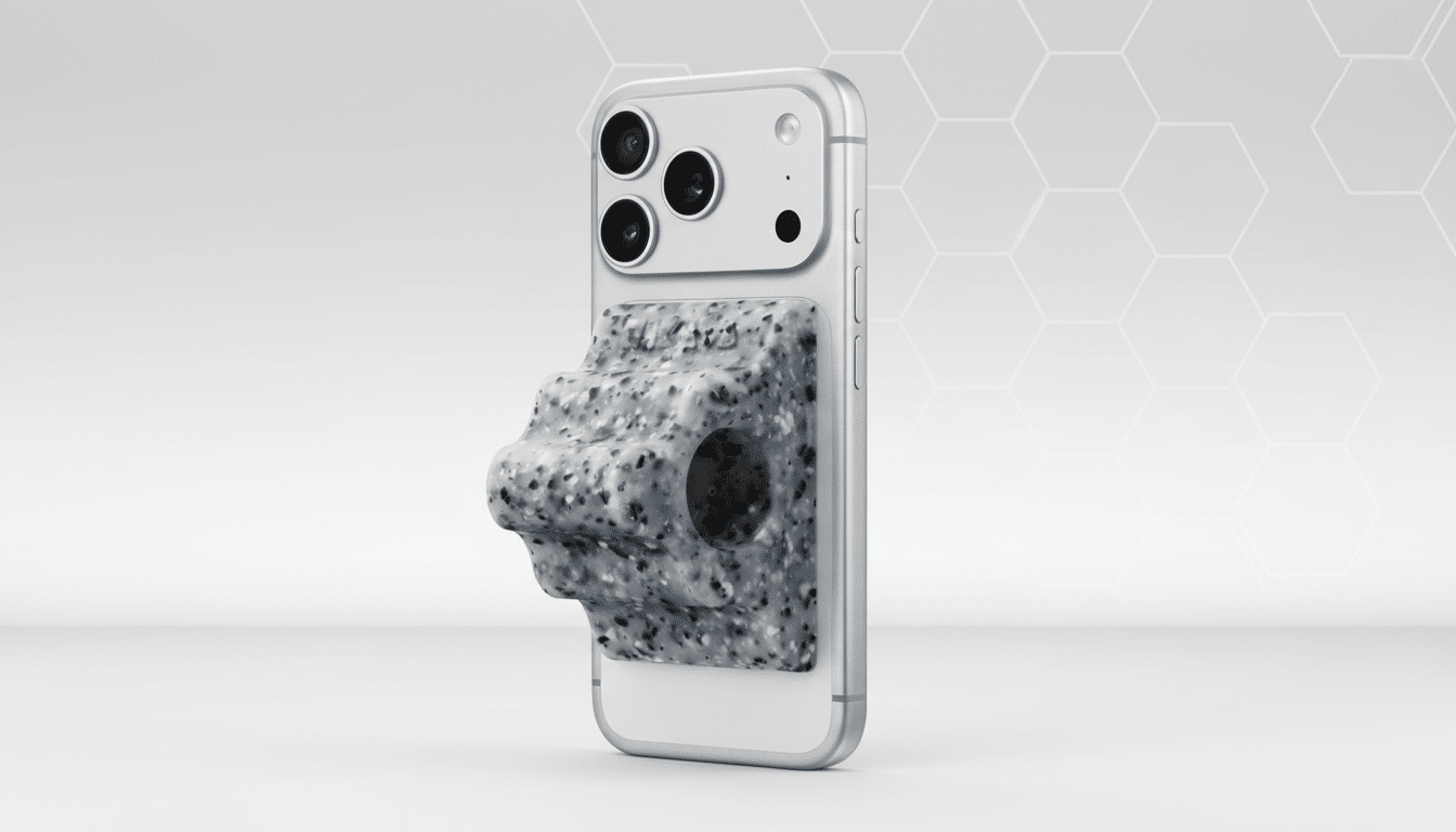 A silver iPhone with a speckled gray, textured phone grip attached to its back, presented on a professional flat design background with subtle hexagonal patterns.