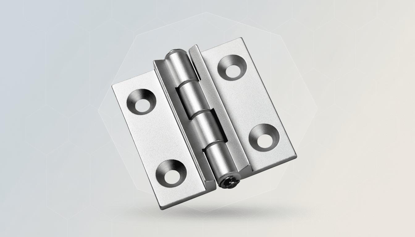 A silver metal hinge with four screw holes, presented on a professional flat design background with soft geometric patterns and a subtle gradient.
