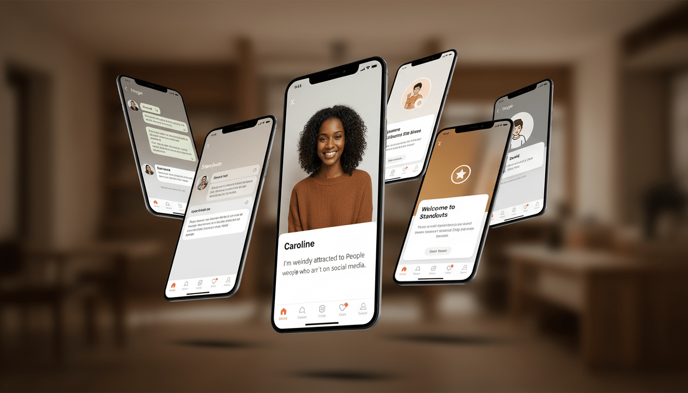 A 16:9 aspect ratio image of multiple Hinge app screens floating in a professional setting. The central screen features a smiling woman named Caroline, with other screens displaying various app features like chats, standouts, and profile views. The background is a blurred, professional indoor setting, maintaining the original context while enhancing the overall presentation.